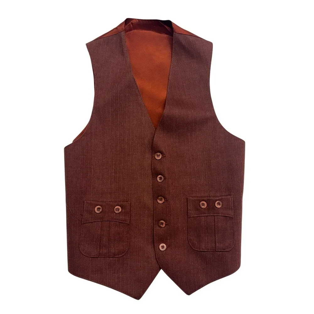 vtg 70s Rust Brown 36R Slim Suit‎ Vest Waistcoat Retro Disco Mens Cotton Blend
